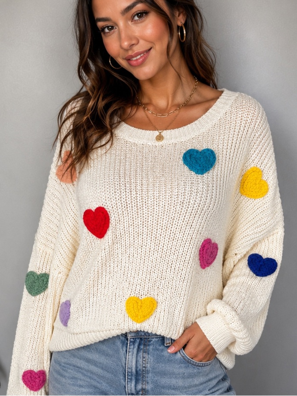 Luna Ivy Anthropologie Sz M Colorful Embroidered Hearts White Whimsical Sweater